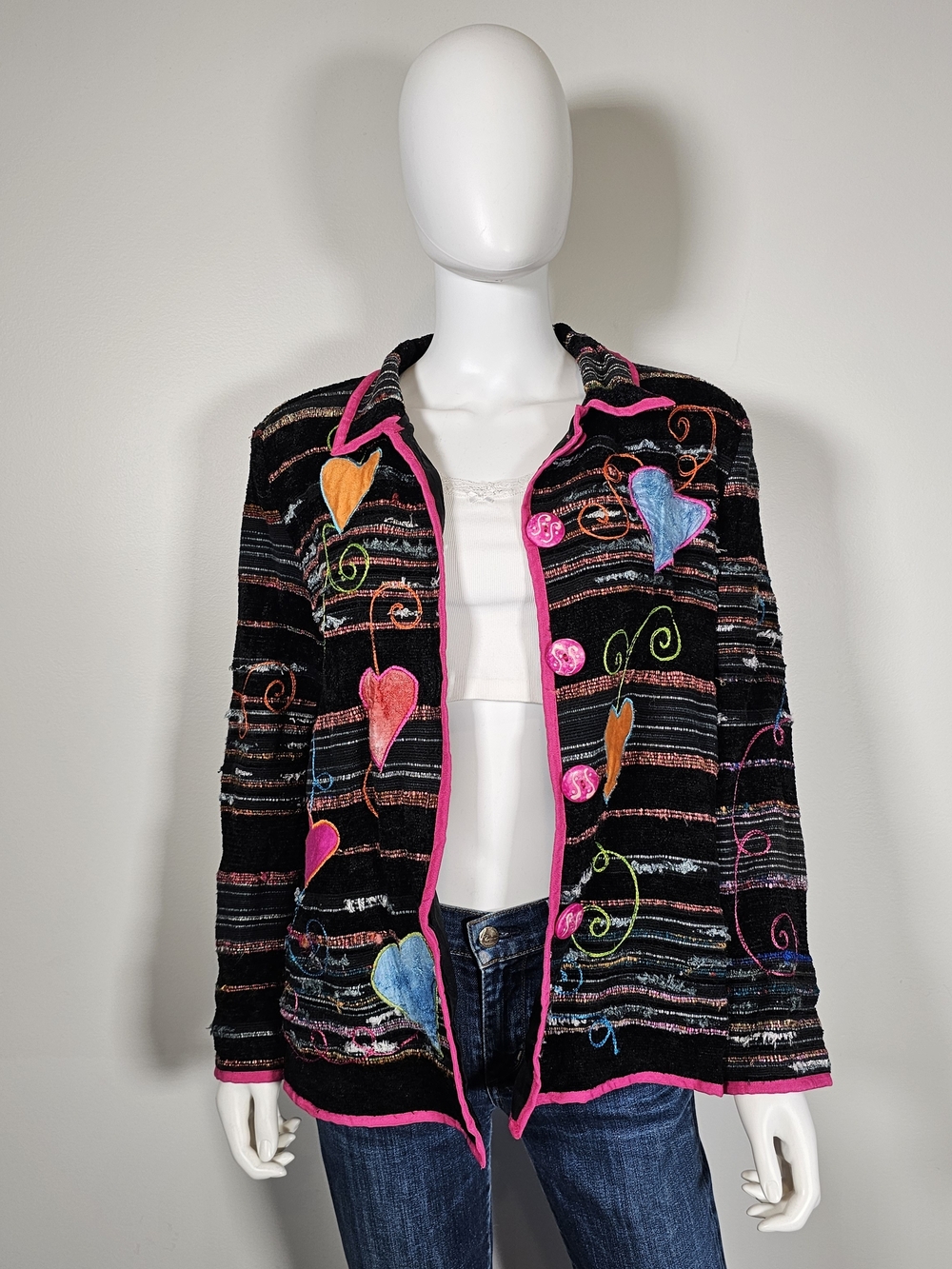Vintage Allure Black Blazer Multicolored Heart Embroidery and Hot Pink Trim Sz M